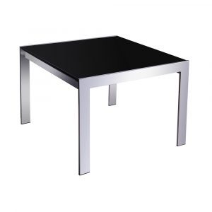Stunning black tempered glass coffee table finished with recessed chrome frame