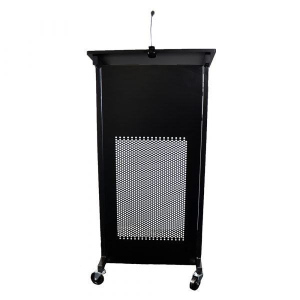 Heavy duty lectern beautifully finished in black steel. With lockable castors and melamine shelves, this multi function lectern is versatile and distinguished.
