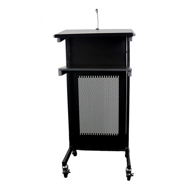 Heavy duty lectern beautifully finished in black steel. With lockable castors and melamine shelves, this multi function lectern is versatile and distinguished.
