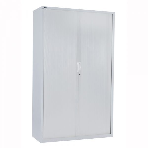 GO Tambour Door White China Tall Unit Both Doors Closed Front Right View