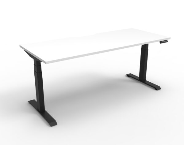 Electric Height Adjustable Desk With Cable Tray White Table Black Legs Front Angled View Enlarged