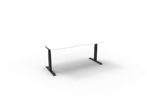 Electric Height Adjustable Desk With Cable Tray White Table Black Legs Front Angled View