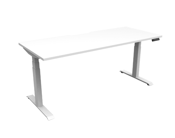 Electric Height Adjustable Desk With Cable Tray White Table White Legs Front Angled View Enlarged