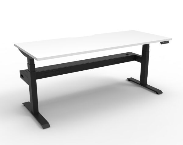 Electric Height Adjustable Desk With Cable Tray White Table Black Legs Black Cable Tray
