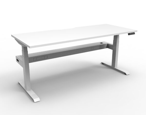 Electric Height Adjustable Desk With Cable Tray White Table White Legs White Cable Tray