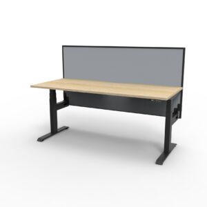 Electric Height Adjustable Desk With Screen Oak Table Black Legs Grey Gray Screen Black Frame Rear View No Cable Tray