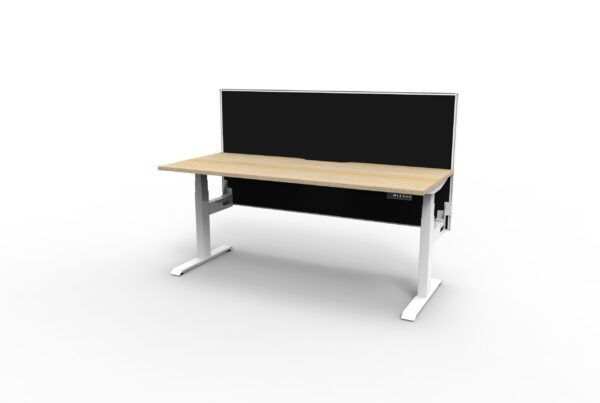 Electric Height Adjustable Desk With Screen Oak Table White Legs Black Screen White Frame Rear View No Cable Tray