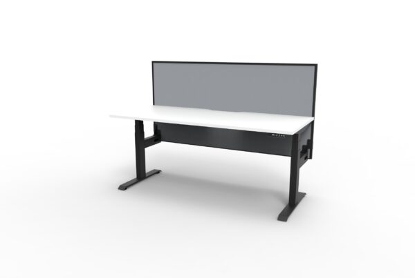 Electric Height Adjustable Desk With Screen White Table Black Legs Grey Gray Screen Black Frame Rear View No Cable Tray