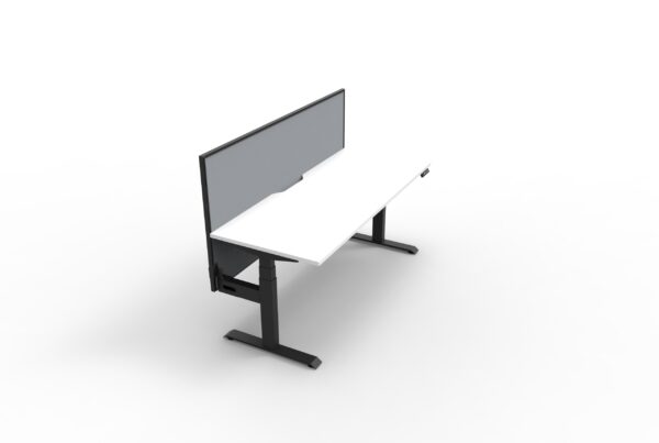 Electric Height Adjustable Desk With Screen White Table Black Legs Grey Gray Screen Black Frame No Cable Tray