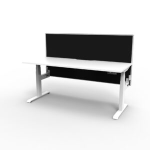 Electric Height Adjustable Desk With Screen White Table White Legs Black Screen White Frame Back View No Cable Tray