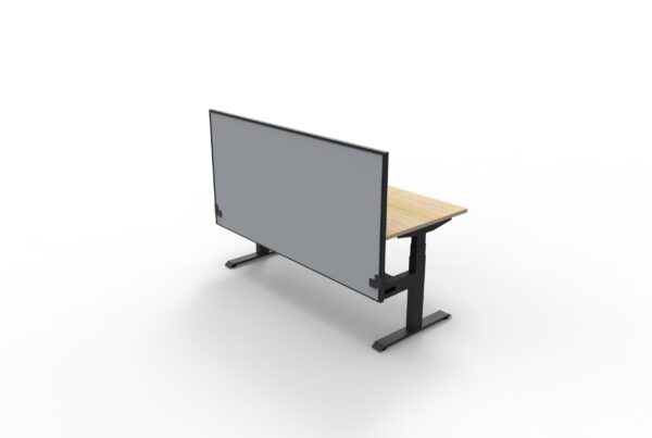 Electric Height Adjustable Desk With Screen Oak Table Black Legs Grey Gray Screen Black Frame Front Right View