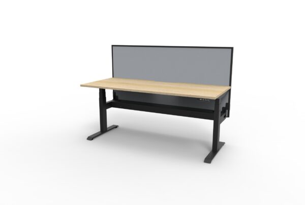 Electric Height Adjustable Desk With Screen Oak Table Black Legs Grey Gray Screen Black Frame Rear View