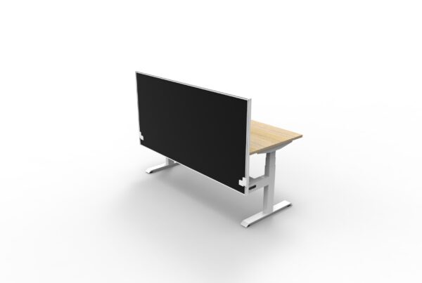 Electric Height Adjustable Desk With Screen Oak Table White Legs Black Screen White Frame Front Right View