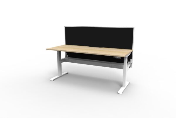 Electric Height Adjustable Desk With Screen Oak Table White Legs Black Screen White Frame Rear View