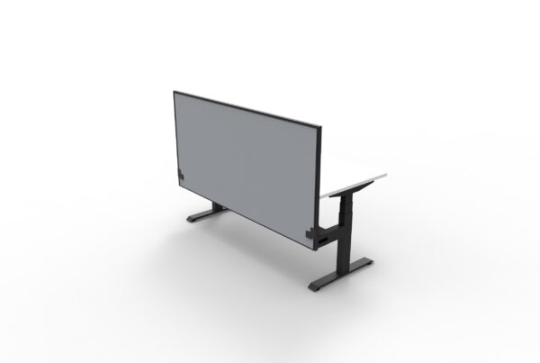 Electric Height Adjustable Desk With Screen White Table Black Legs Grey Gray Screen Black Frame Front Right View