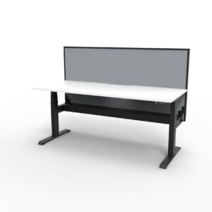 Electric Height Adjustable Desk With Screen White Table Black Legs Grey Gray Screen Black Frame Rear View