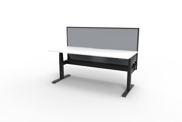 Electric Height Adjustable Desk With Screen White Table Black Legs Grey Gray Screen Black Frame Rear View