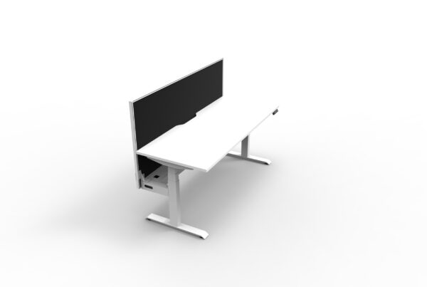 Electric Height Adjustable Desk With Screen White Table White Legs Black Screen White Frame