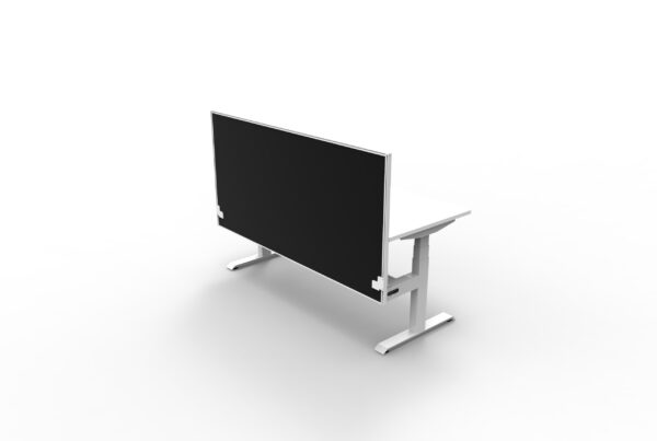 Electric Height Adjustable Desk With Screen White Table White Legs Black Screen White Frame Front Right View