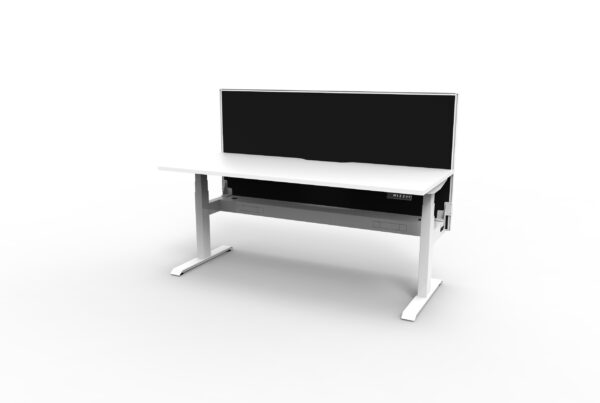 Electric Height Adjustable Desk With Screen White Table White Legs Black Screen White Frame Rear View