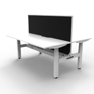 Electric Height Adjustable 2 Person Desk With Screen & Cable Tray White Table Black Screen Angled View