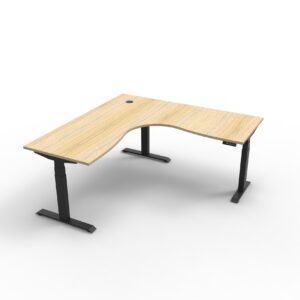 Electric Height Adjustable Corner Desk Oak Table Black Legs Front View