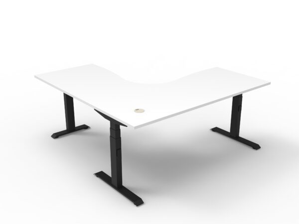 Electric Height Adjustable Corner Desk White Table Black Legs Side View Enlarged