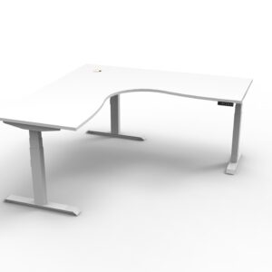 Electric Height Adjustable Corner Desk White Table White Legs Front View