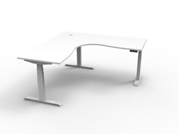 Electric Height Adjustable Corner Desk White Table White Legs Front View