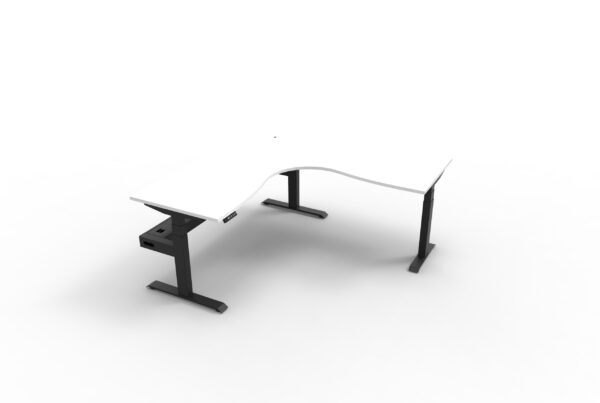 Electric Height Adjustable Corner Desk With Cable Tray White Table Black Legs Black Cable Tray Front View