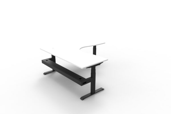 Electric Height Adjustable Corner Desk With Cable Tray White Table Black Legs Black Cable Tray