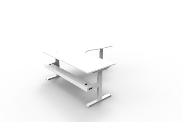 Electric Height Adjustable Corner Desk With Cable Tray White Table White Legs White Cable Tray