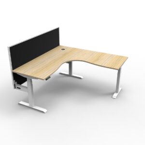 Electric Height Adjustable Corner Desk With Screen Oak Table White Legs Black Screen White Frame Heavy Duty