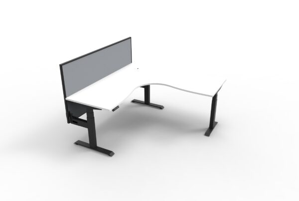Electric Height Adjustable Corner Desk With Screen White Table Black Legs Grey Gray Screen Black Frame Front Angled View