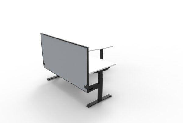 Electric Height Adjustable Corner Desk With Screen White Table Black Legs Grey Gray Screen Black Frame Front View