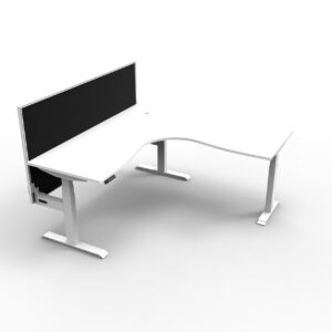 Electric Height Adjustable Corner Desk With Screen White Table White Legs Black Screen White Frame Front Angled View