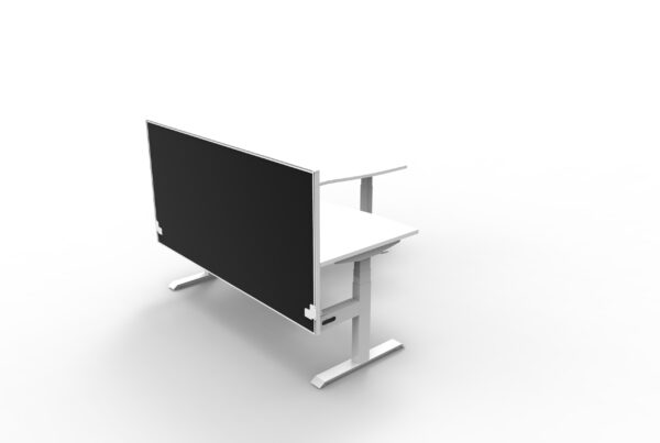 Electric Height Adjustable Corner Desk With Screen White Table White Legs Black Screen White Frame Front View