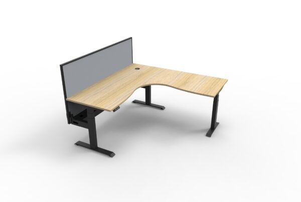 Electric Height Adjustable Corner Desk With Screen Oak Table Black Legs Grey Gray Screen Black Frame Front Angled View