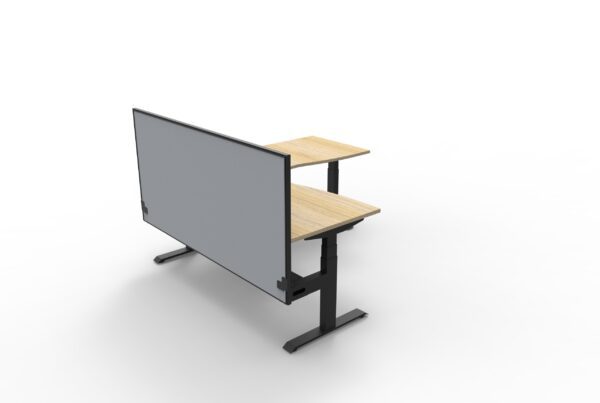 Electric Height Adjustable Corner Desk With Screen Oak Table Black Legs Grey Gray Screen Black Frame Front View