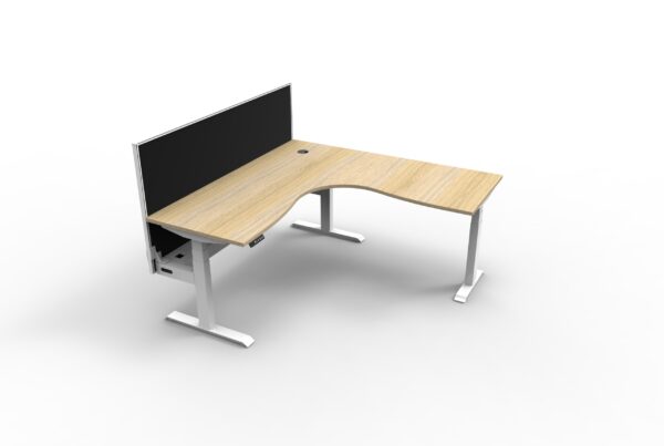 Electric Height Adjustable Corner Desk With Screen Oak Table White Legs Black Screen White Frame