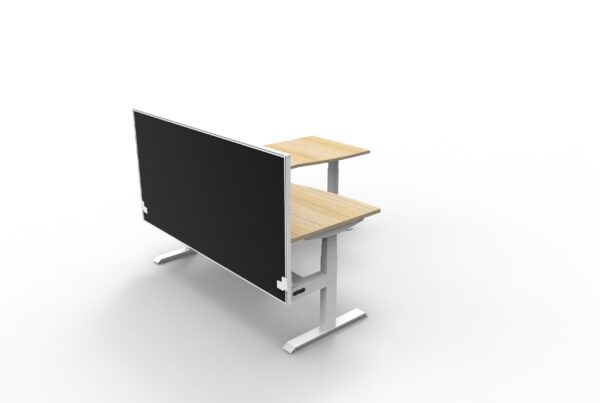 Electric Height Adjustable Corner Desk With Screen Oak Table White Legs Black Screen White Frame Front Left View
