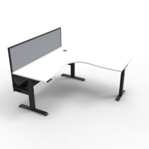 Electric Height Adjustable Corner Desk With Screen White Table Black Legs Grey Gray Screen Black Frame