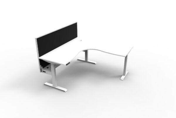 Electric Height Adjustable Corner Desk With Screen White Table White Legs Black Screen White Frame