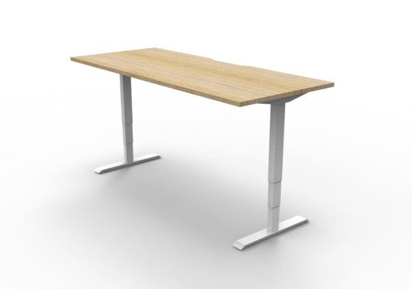Electric Height Adjustable Desk With Cable Tray Oak Table White Legs Rear Right View Enlarged