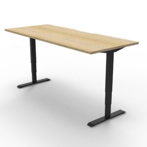 Electric Height Adjustable Desk With Cable Tray Oak Table Black Legs Front Right View Enlarged