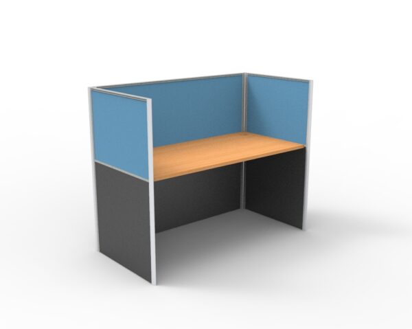 Rapid Screen Workstation Screen Hung Single Person Blue Low Workscreen Wooden Worktop Front Left Side View