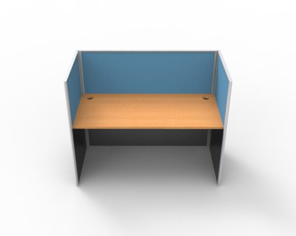 Rapid Screen Workstation Screen Hung Single Person Blue Low Workscreen Wooden Worktop Front Top Side View