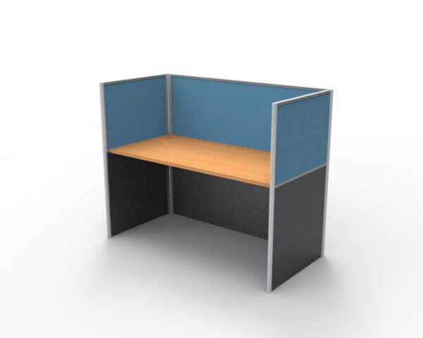 Rapid Screen Workstation Screen Hung Single Person Blue Low Workscreen Wooden Worktop Front Right Side View