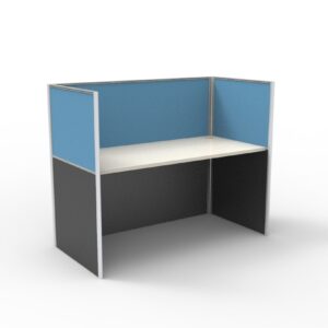 Rapid Screen Workstation Low Screen Hung Single Person Blue White Worktop Front Left Side View