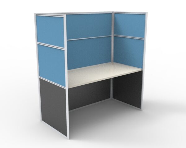 Rapid Screen Workstation High Screen Hung Single Person Blue White Worktop Front Left Side View